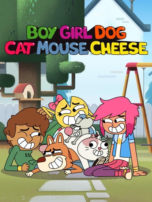 Boy, girl, dog, cat, mouse, cheese